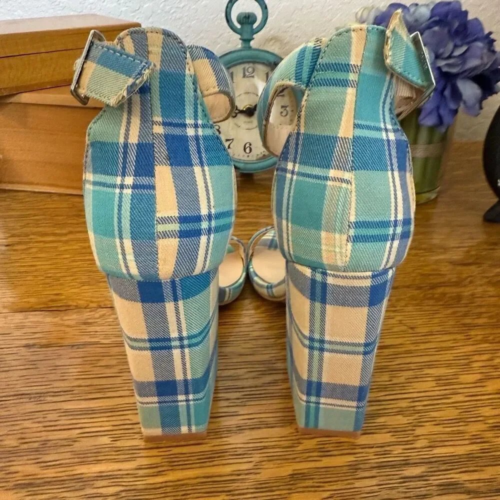 Dolls Kill Mojito Just Flawless Blue & Yellow Plaid Block Heel Sandals Sz 5/6